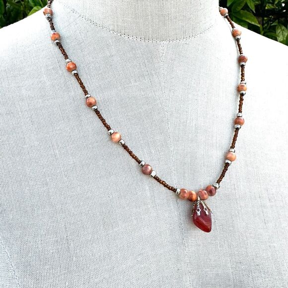 Carnelian Orange beaded pendant necklace - Picture 2 of 10